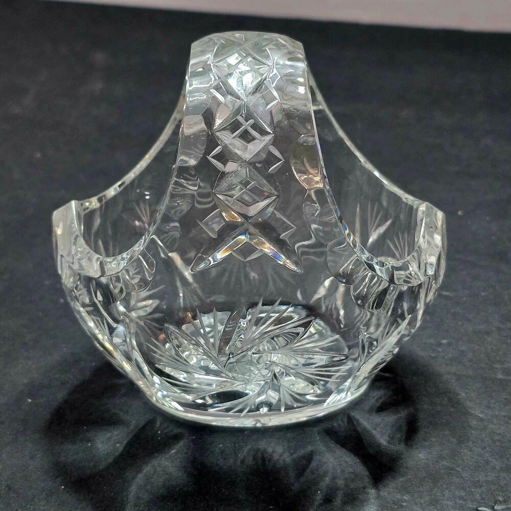 Cut Crystal Basket 4" Clear Heavy Handled Starburst Diamond Pattern Decor